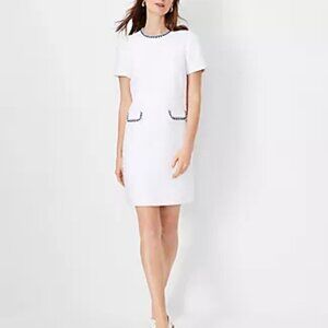 Ann Taylor White Tweed Pocket Shift Dress with Navy Trim